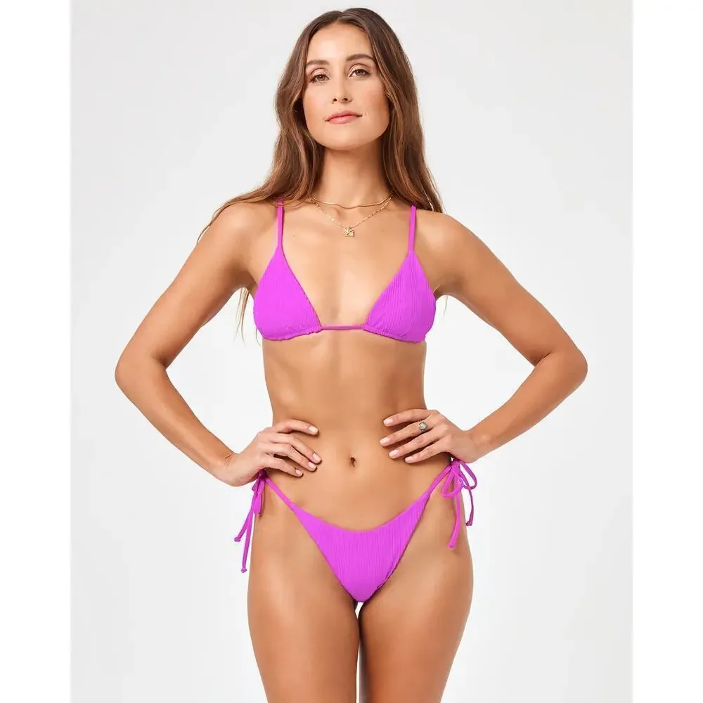 L Space Lennox Ribbed String Bikini Bottoms Bright Fuchsia Size Large NWT